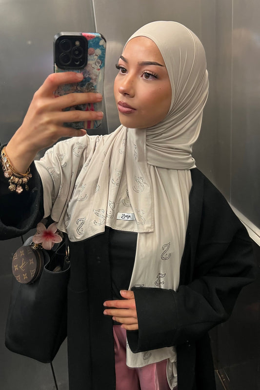 (Pre-Order) Light Beige - Rhinestone Liquid Hijab