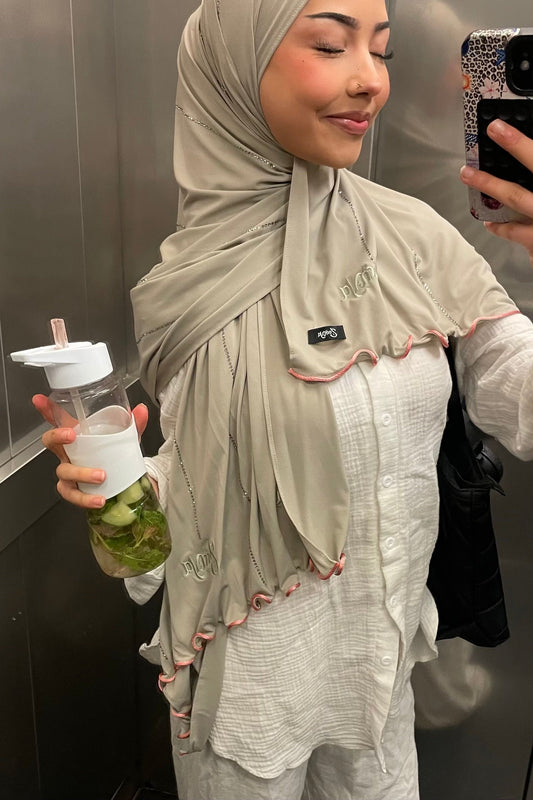 (Pre-Order) Beige - Pink rope Zemya Rhinestone Premium Hijab