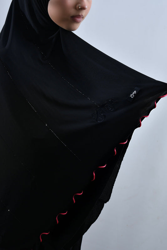 (Pre-Order) Black - Pink rope Zemya Rhinestone Premium Hijab