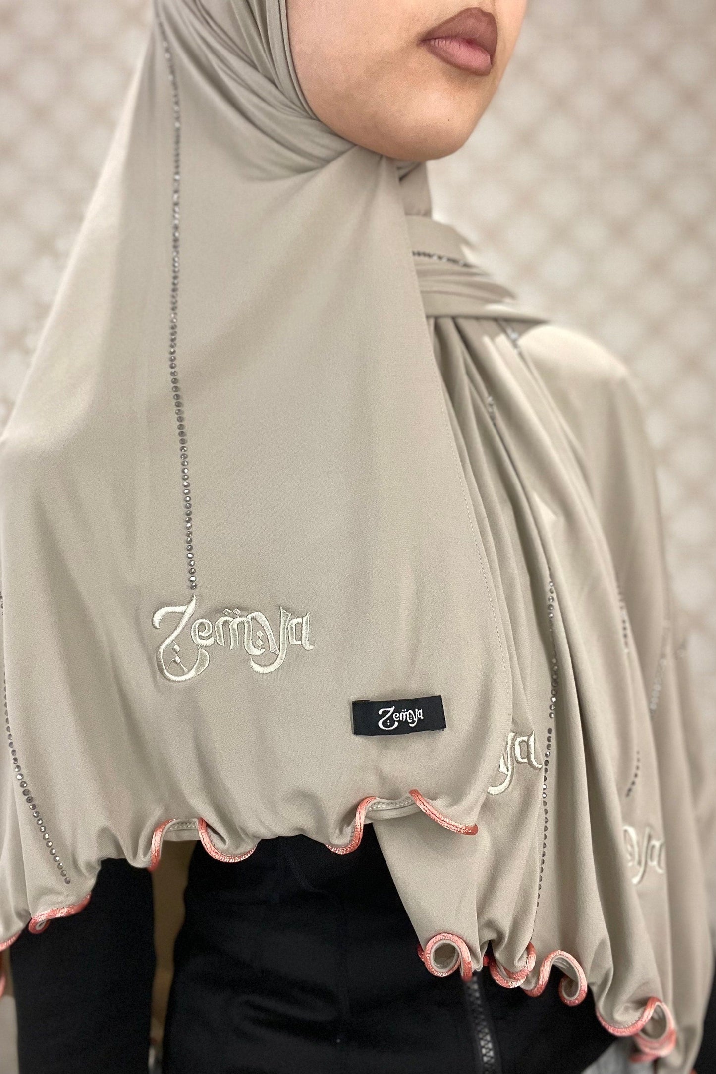 (Pre-Order) Beige - Pink rope Zemya Rhinestone Premium Hijab