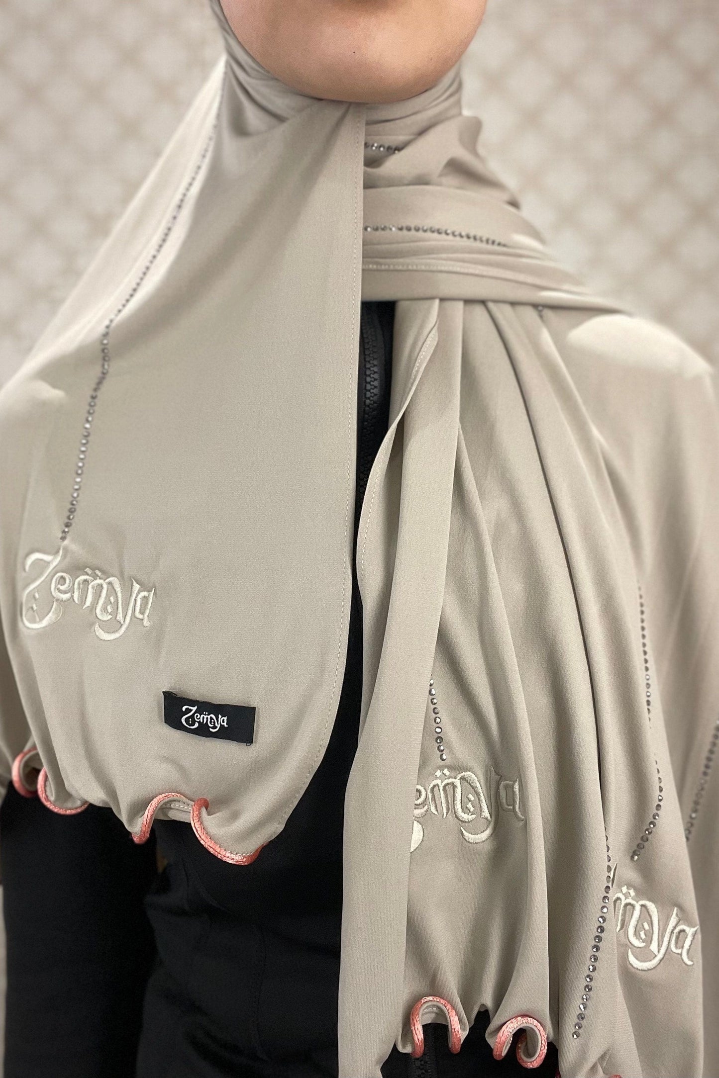 (Pre-Order) Beige - Pink rope Zemya Rhinestone Premium Hijab