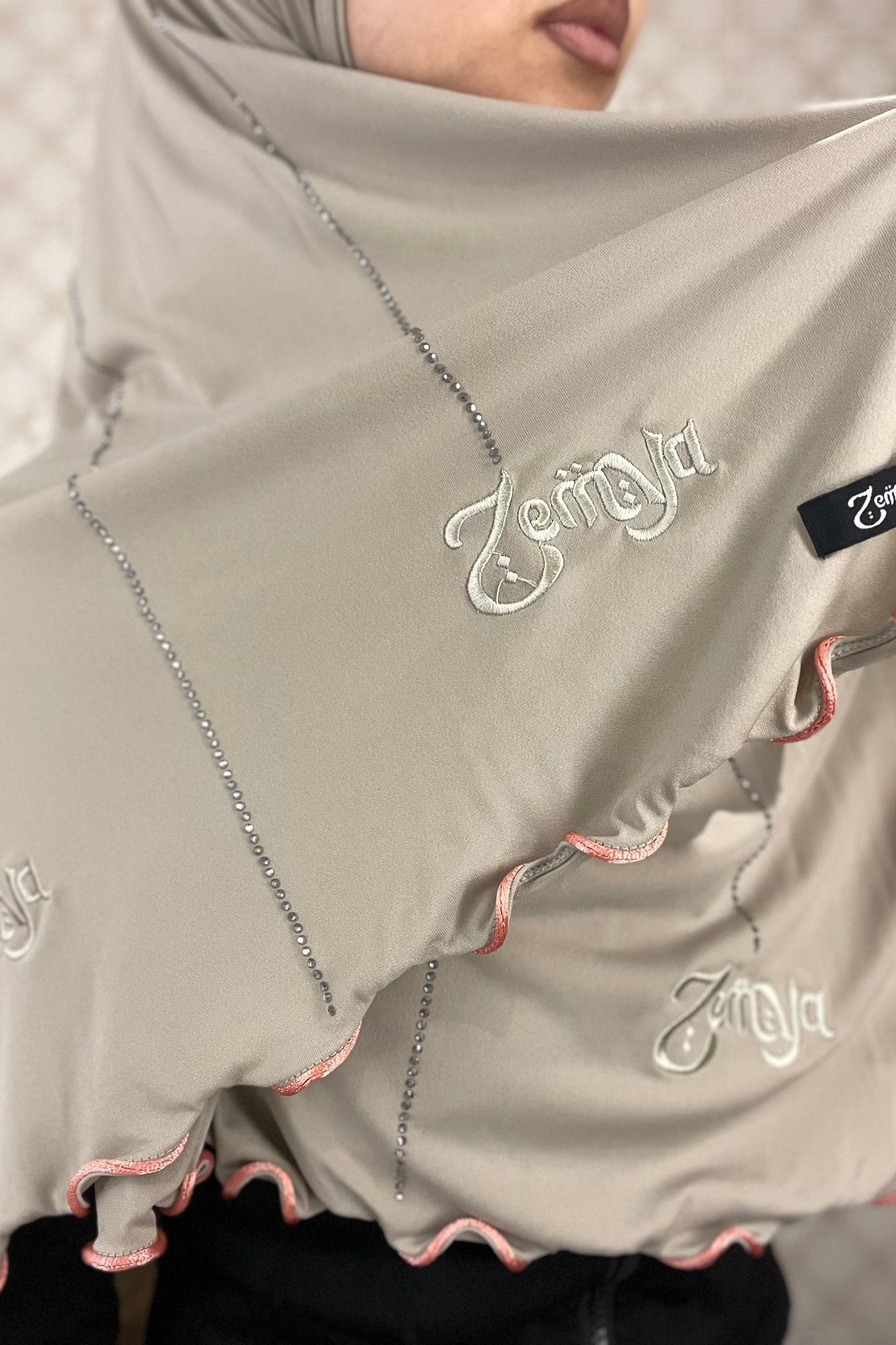 (Pre-Order) Beige - Pink rope Zemya Rhinestone Premium Hijab