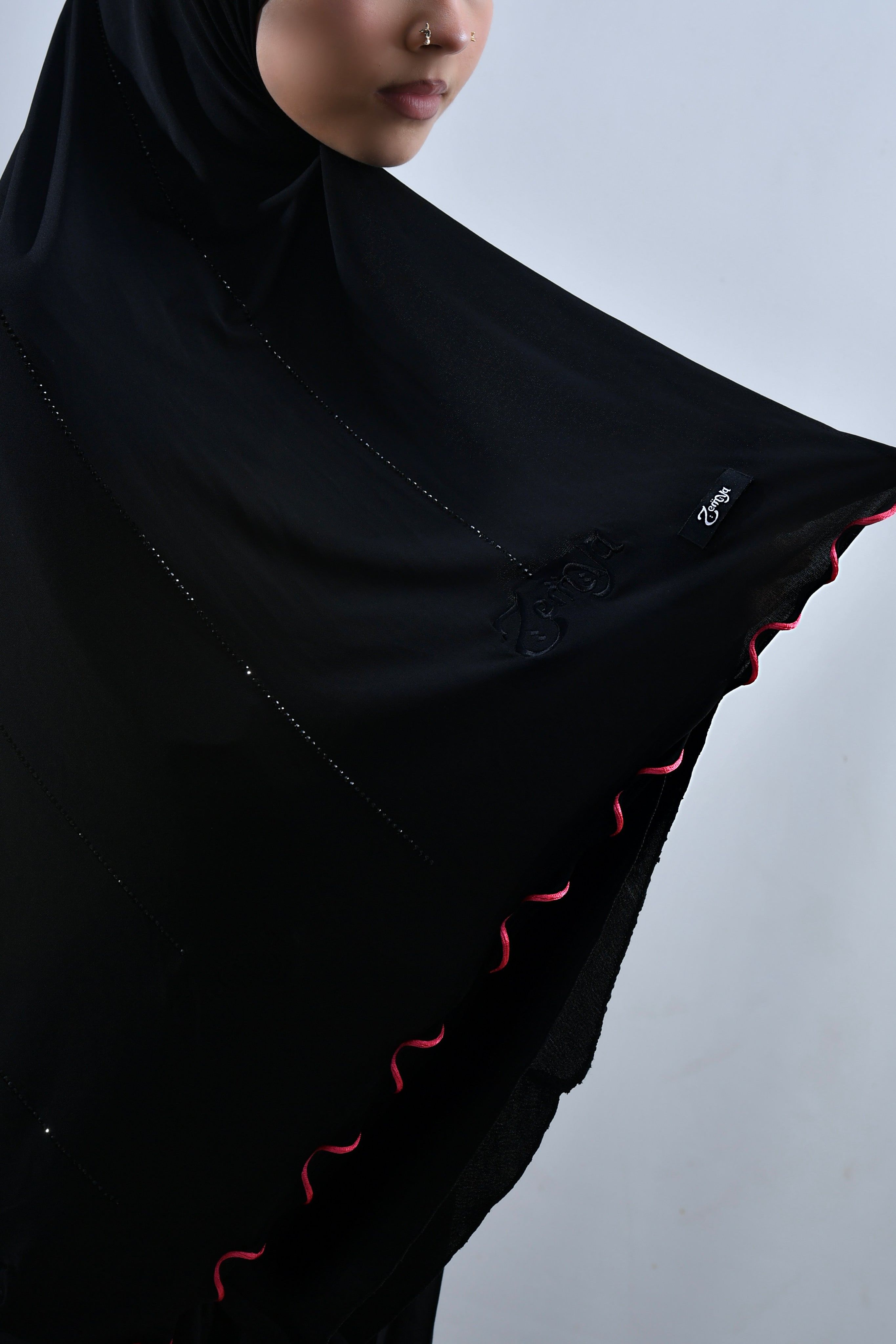 Black - Pink Rope Rhinestone Premium Hijab