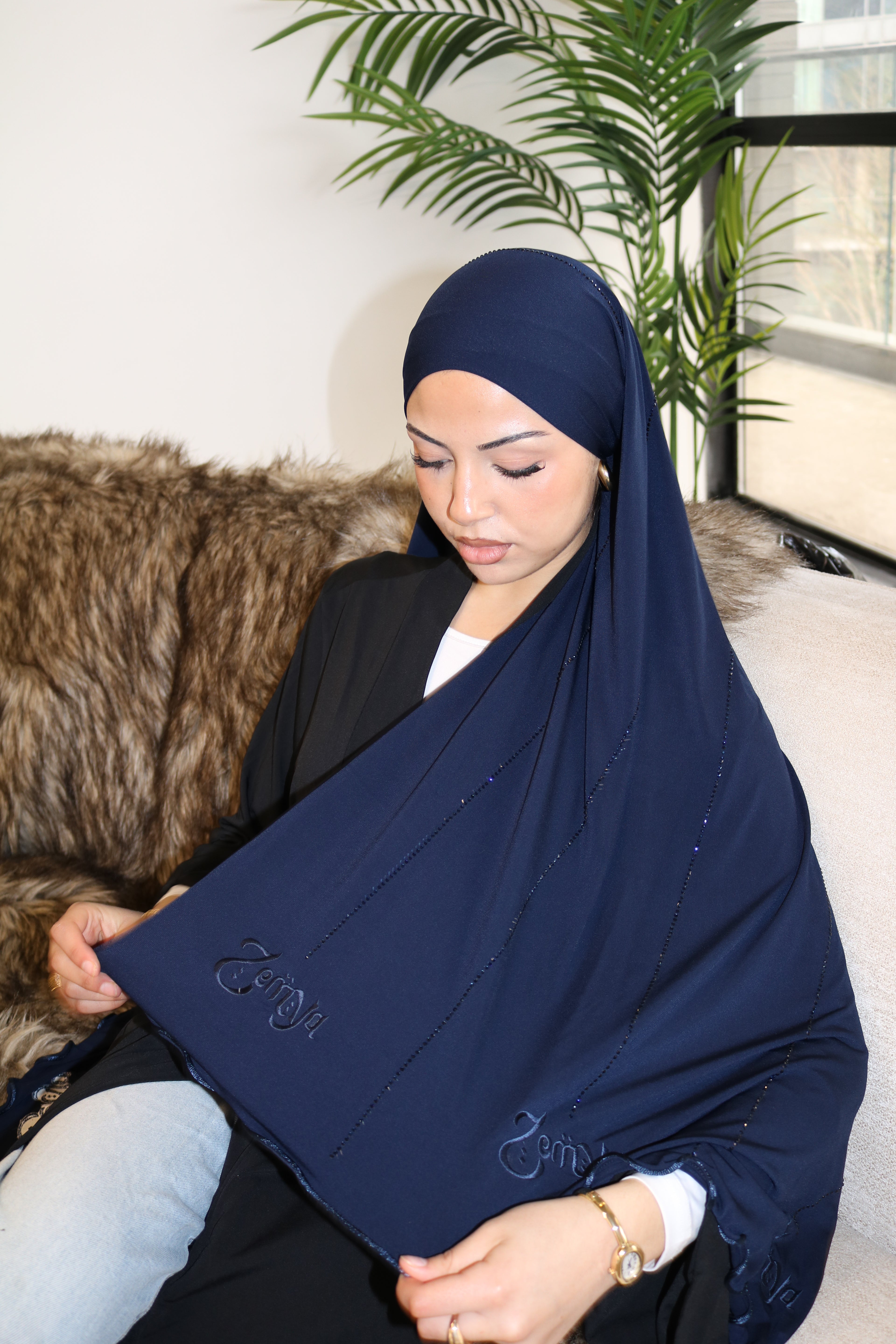 Navy Blue - Rhinestone Rope Premium Hijab