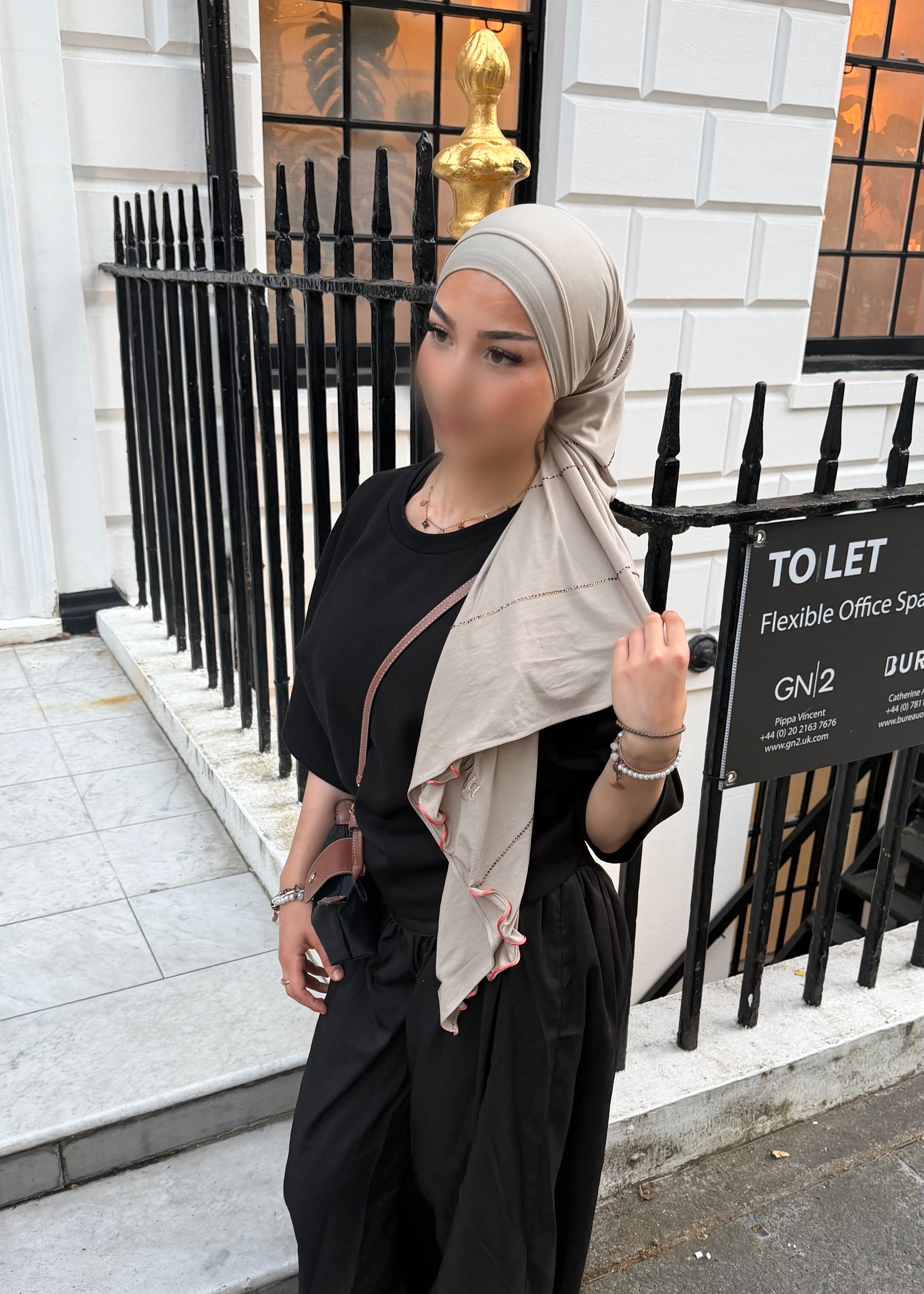 (Pre-Order) Beige - Pink Coral Rope Rhinestone Premium Hijab