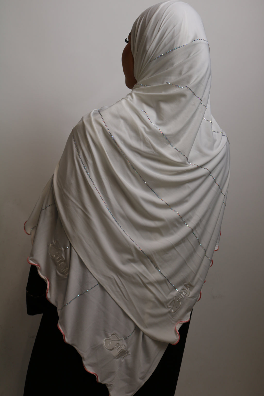White - Pink Rope Rhinestone Hijab