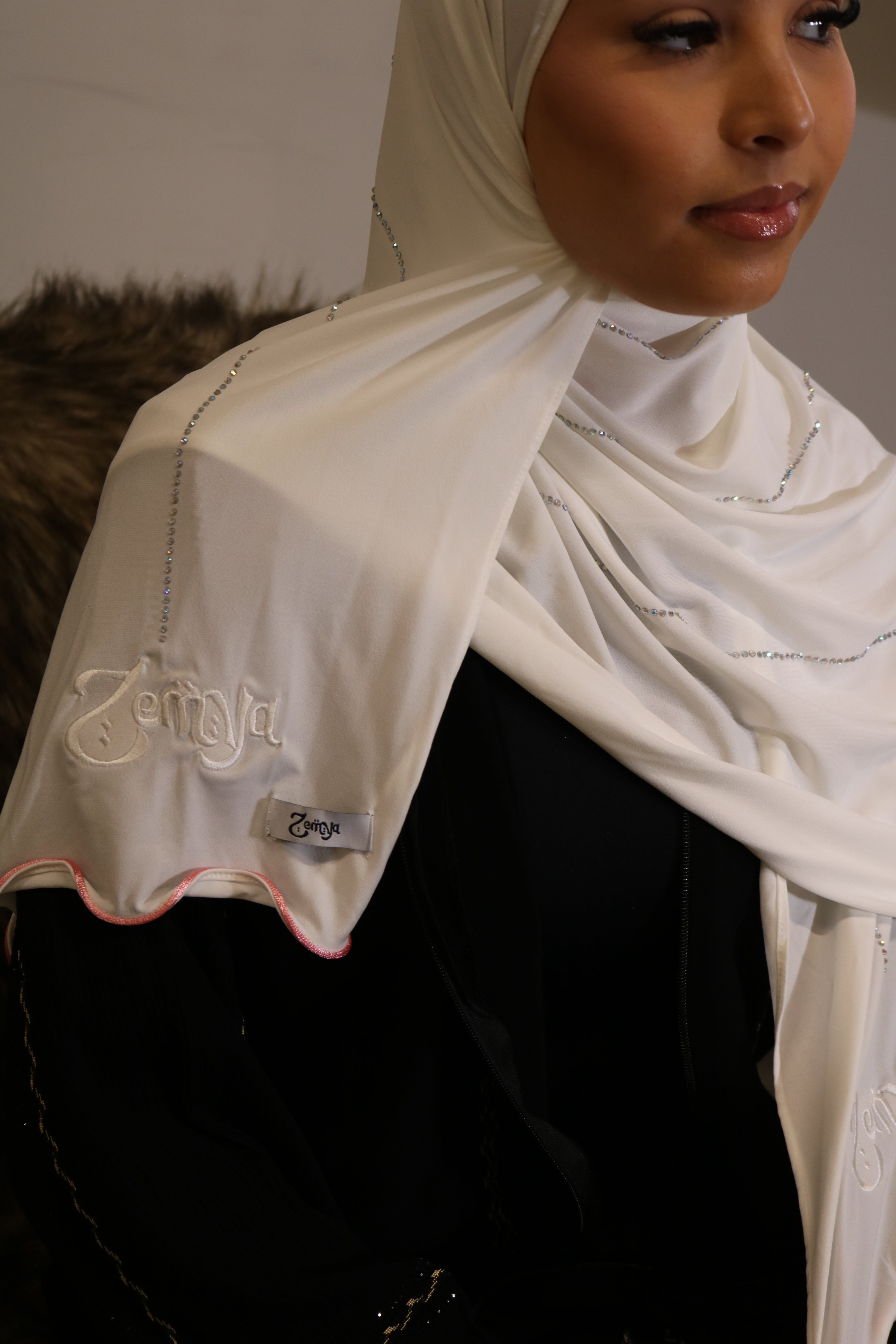 White - Pink Rope Rhinestone Hijab