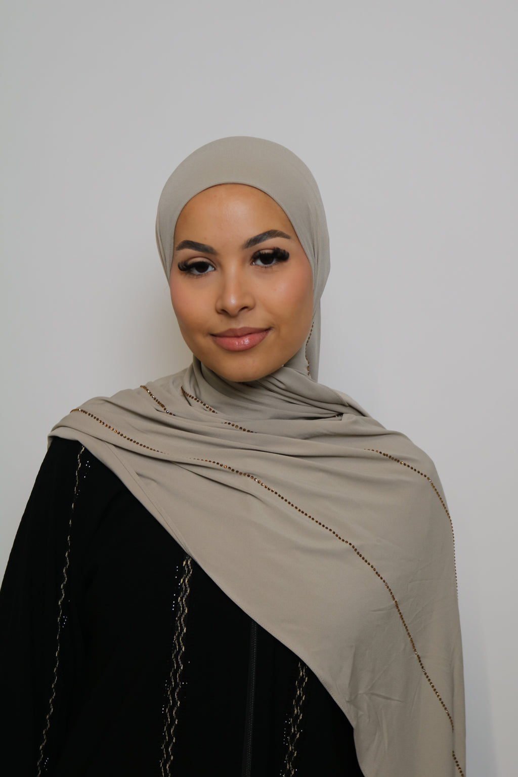 Beige - Pink Coral Rope Rhinestone Premium Hijab