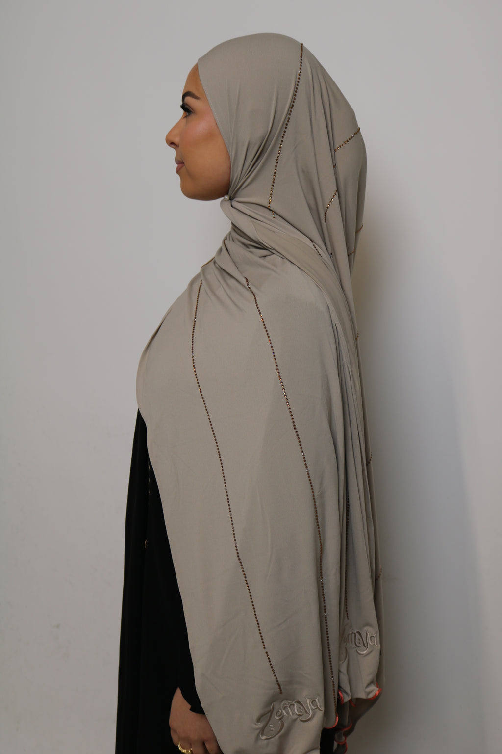 Beige - Pink Coral Rope Rhinestone Premium Hijab