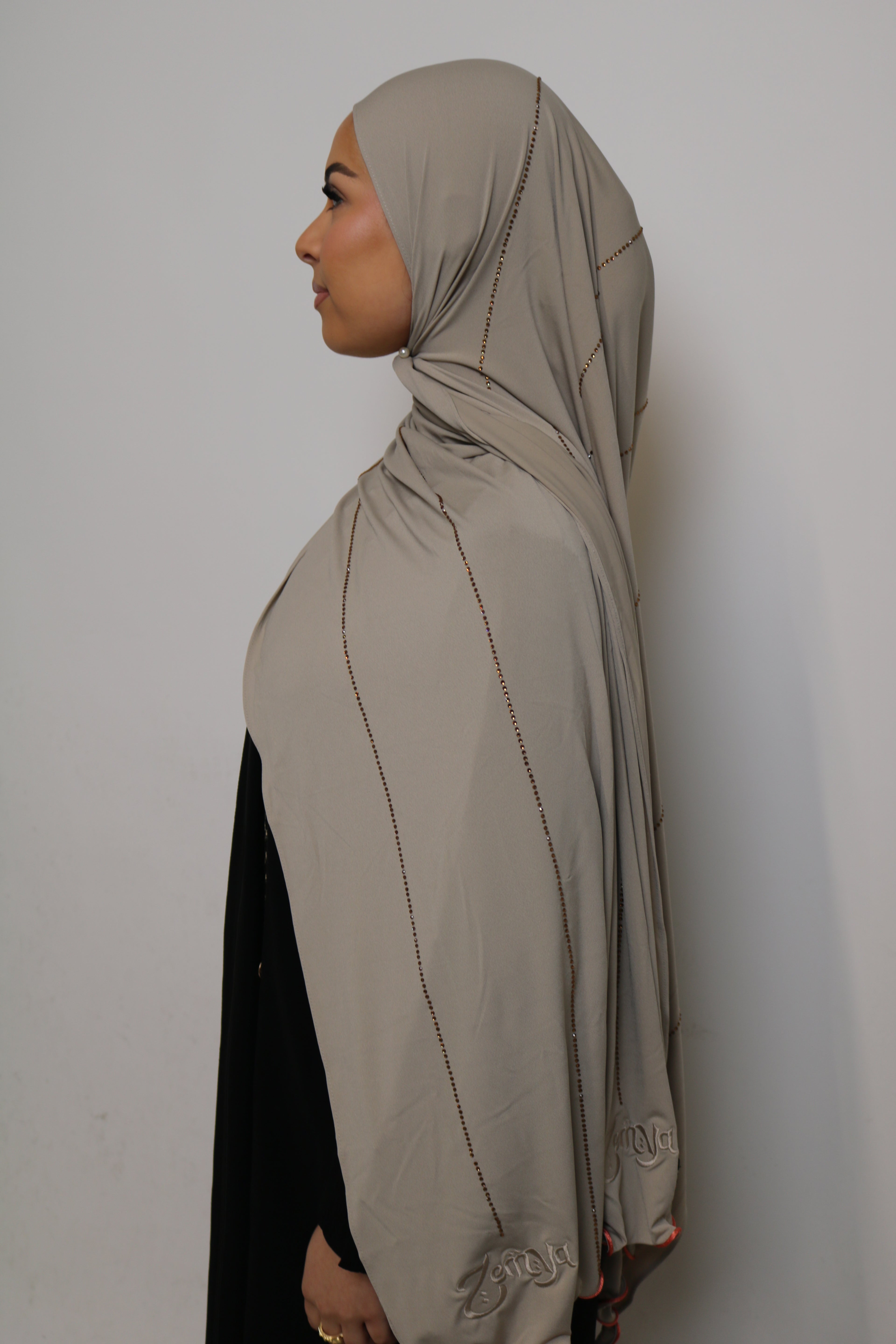 Beige - Pink Coral Rope Rhinestone Premium Hijab