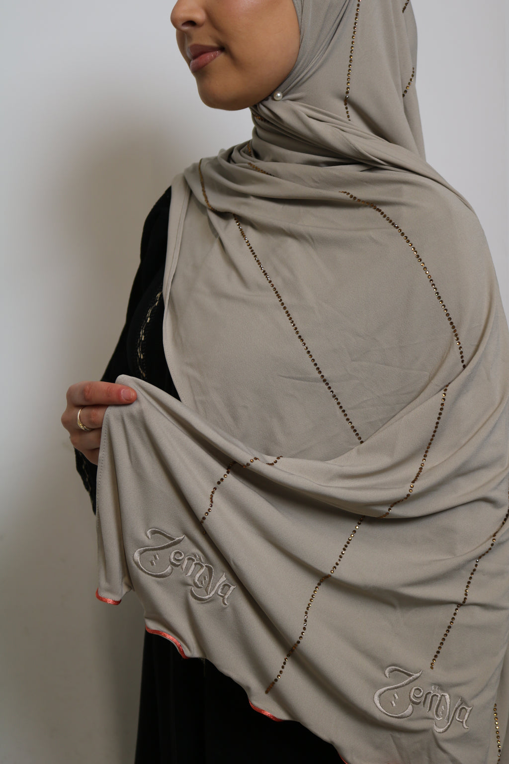 Beige - Pink Coral Rope Rhinestone Premium Hijab