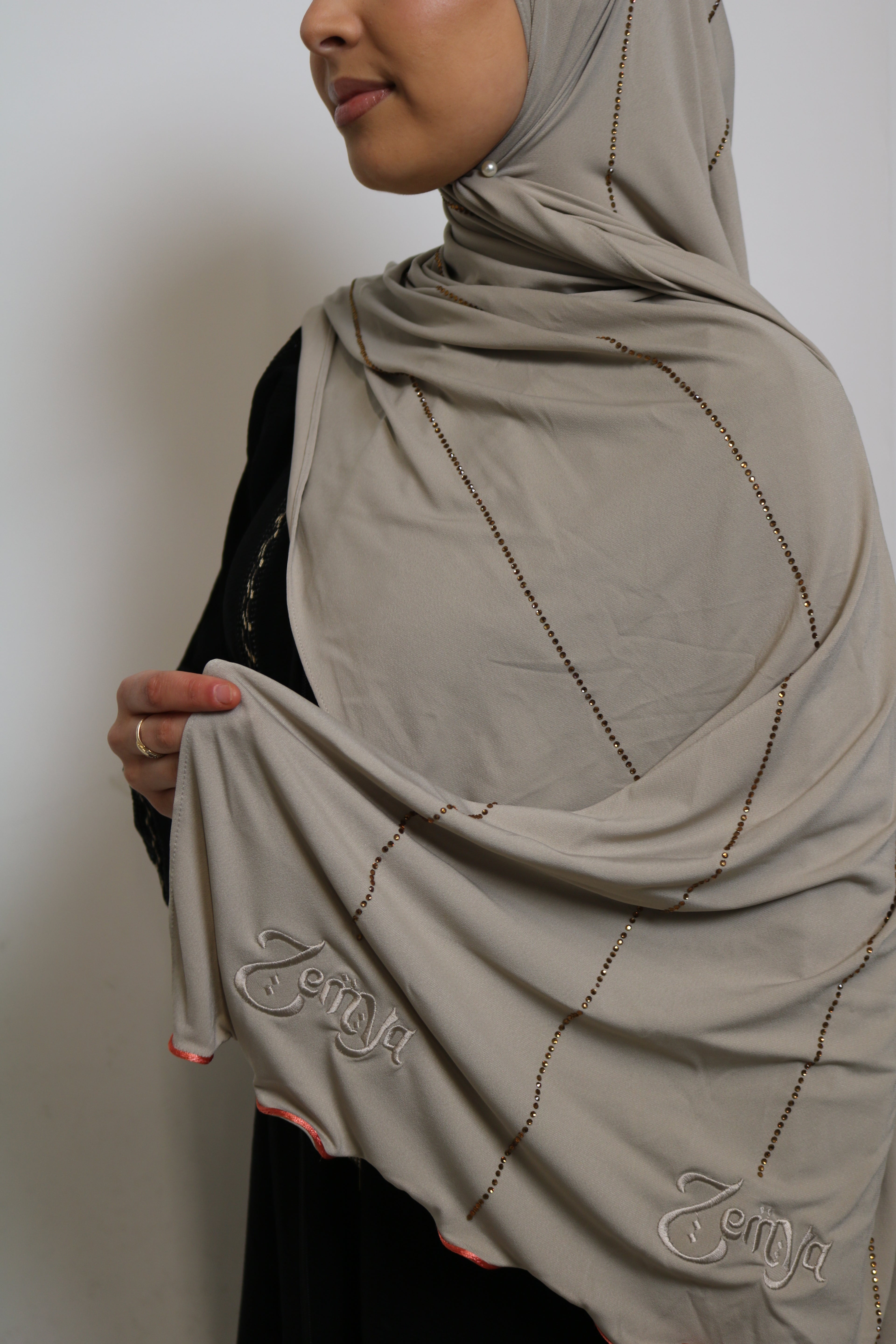 Beige - Pink Coral Rope Rhinestone Premium Hijab