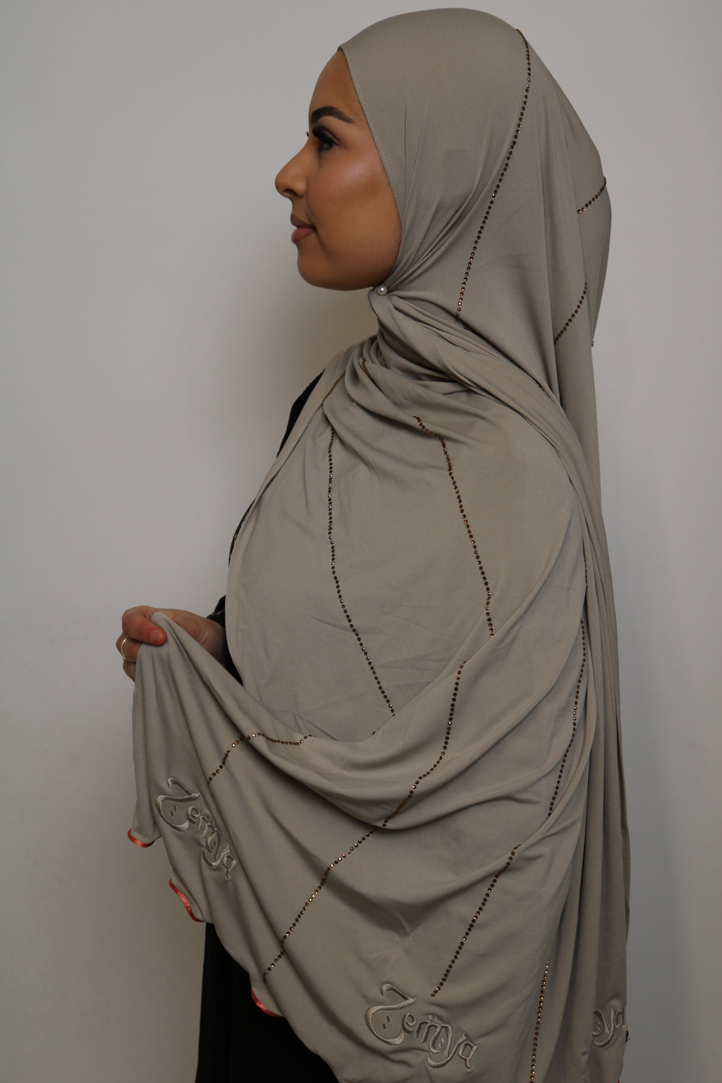 Beige - Pink Coral Rope Rhinestone Premium Hijab