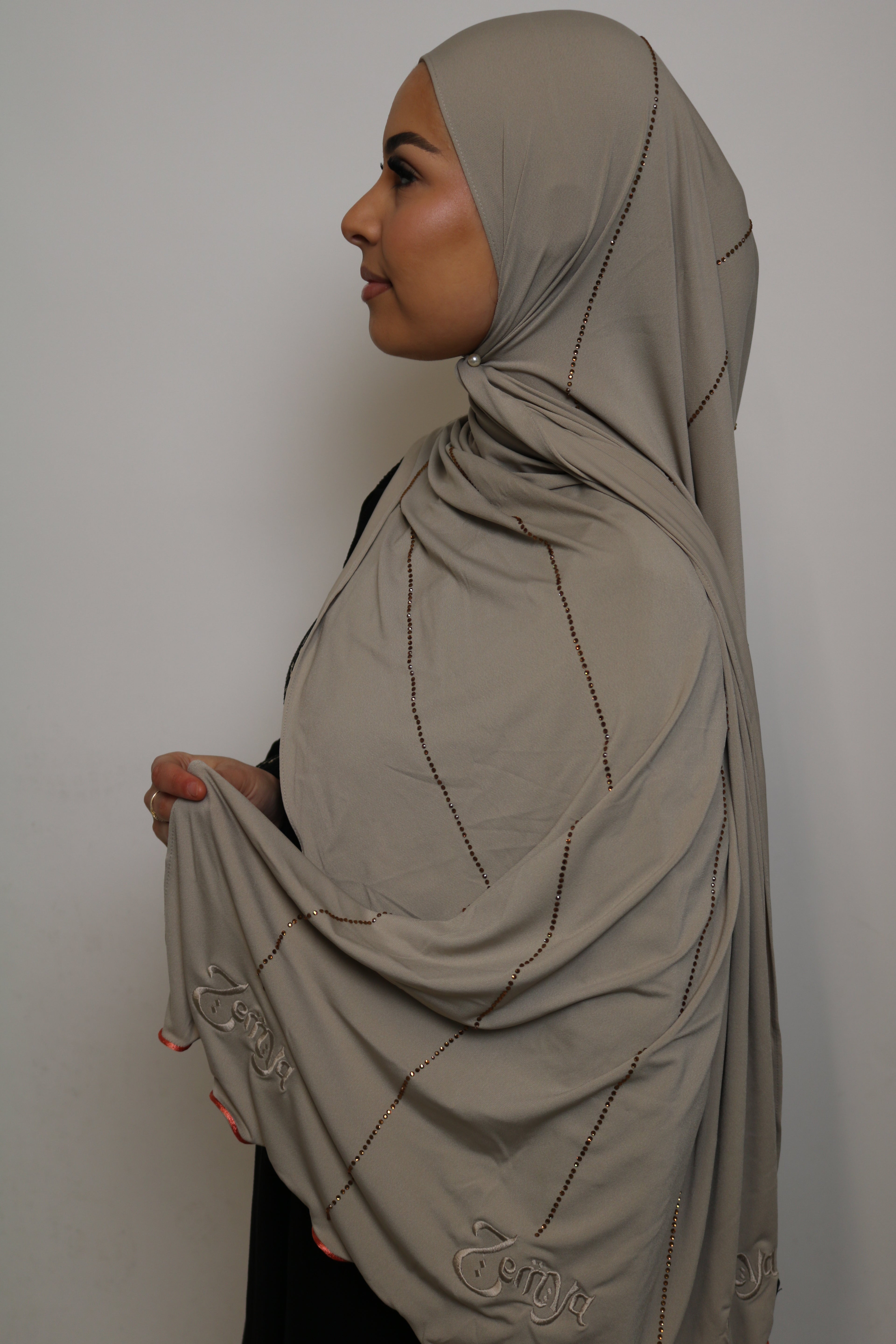 Beige - Pink Coral Rope Rhinestone Premium Hijab