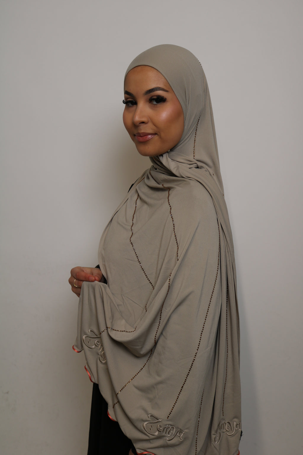 Beige - Pink Coral Rope Rhinestone Premium Hijab